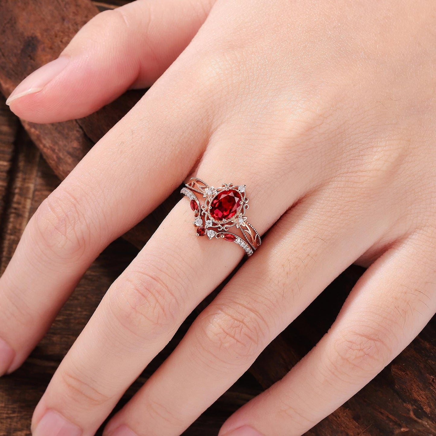 Vintage Ruby Engagement Ring Set Rose Gold Moissanite Ring Art Deco Floral Ring Set Curved Wedding Band Rings For Women Anniversary Gift - anerjuly