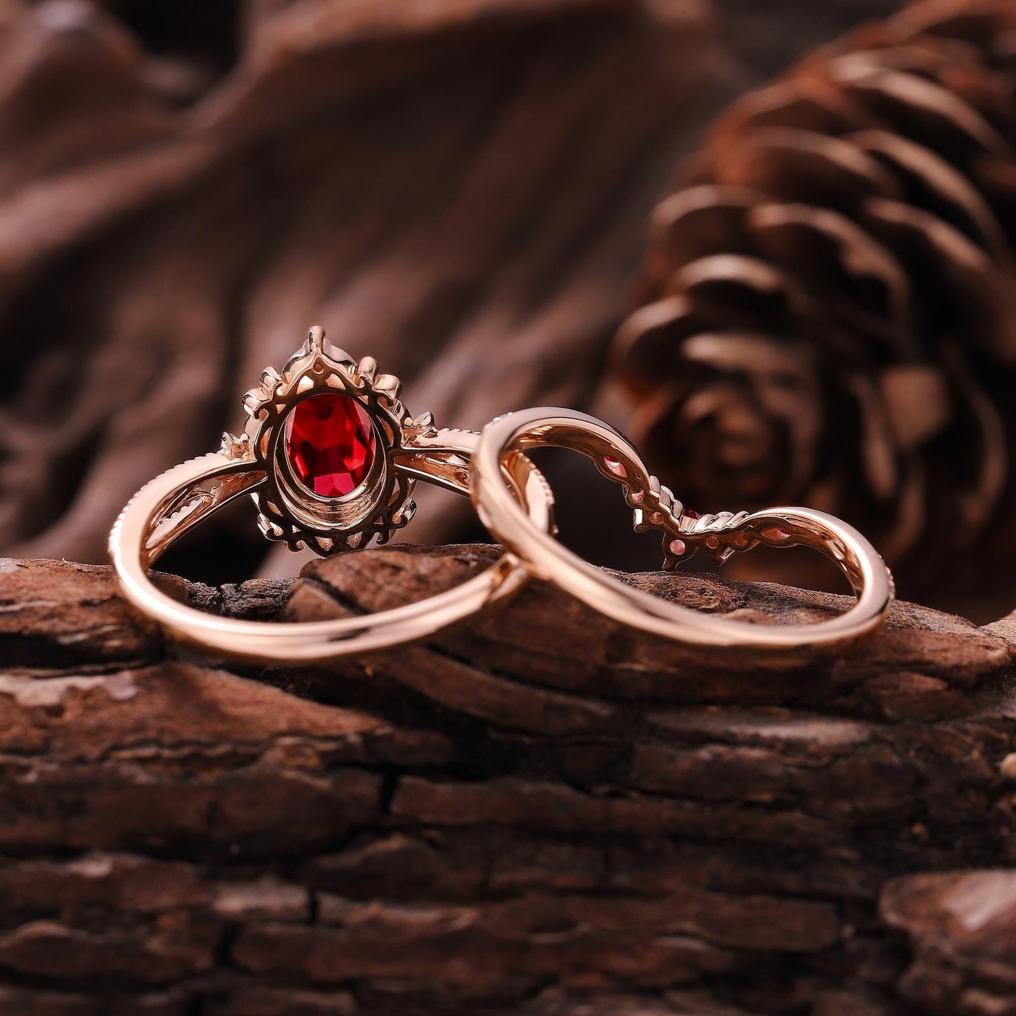 Vintage Ruby Engagement Ring Set Rose Gold Moissanite Ring Art Deco Floral Ring Set Curved Wedding Band Rings For Women Anniversary Gift - anerjuly
