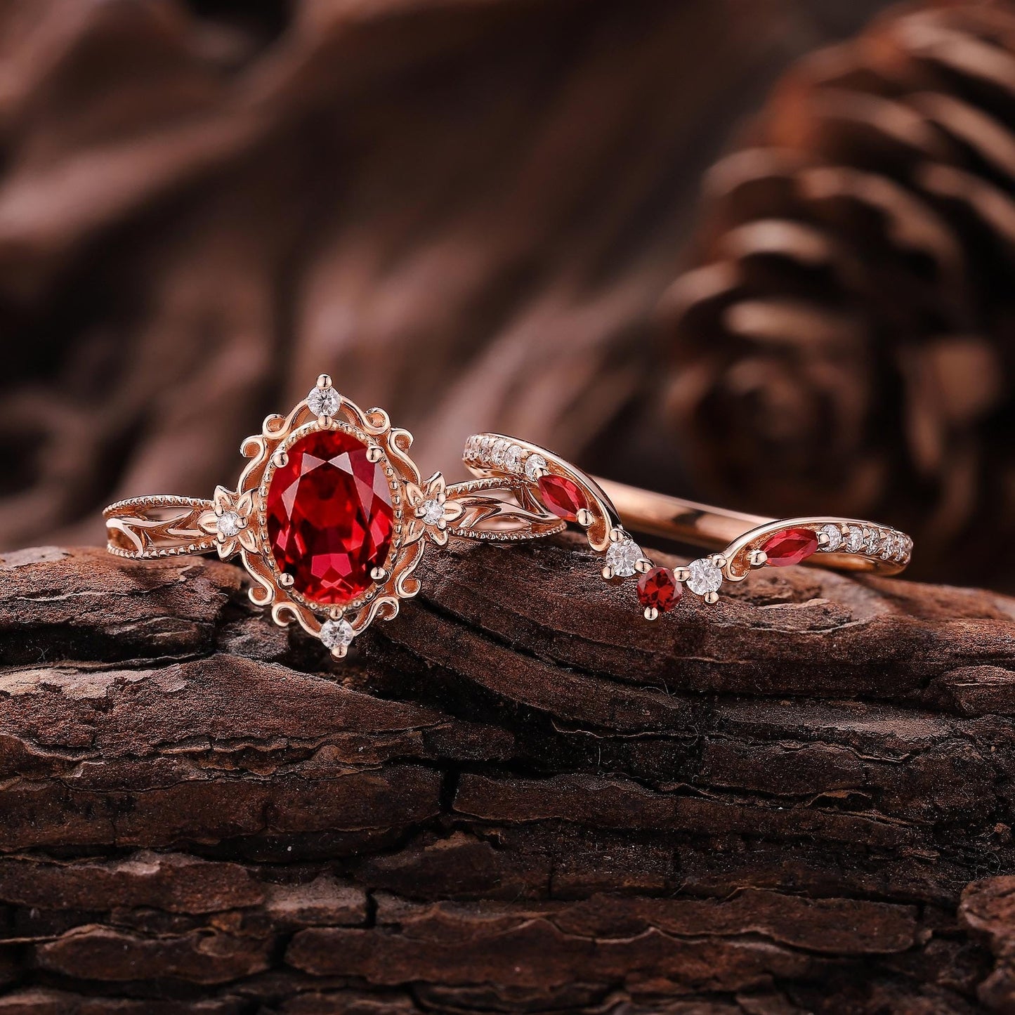 Vintage Ruby Engagement Ring Set Rose Gold Moissanite Ring Art Deco Floral Ring Set Curved Wedding Band Rings For Women Anniversary Gift - anerjuly