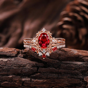 Vintage Ruby Engagement Ring Set Rose Gold Moissanite Ring Art Deco Floral Ring Set Curved Wedding Band Rings For Women Anniversary Gift - anerjuly