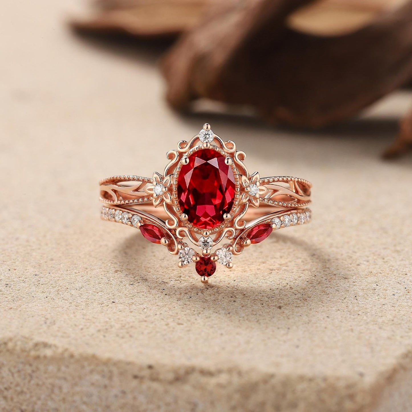 Vintage Ruby Engagement Ring Set Rose Gold Moissanite Ring Art Deco Floral Ring Set Curved Wedding Band Rings For Women Anniversary Gift - anerjuly