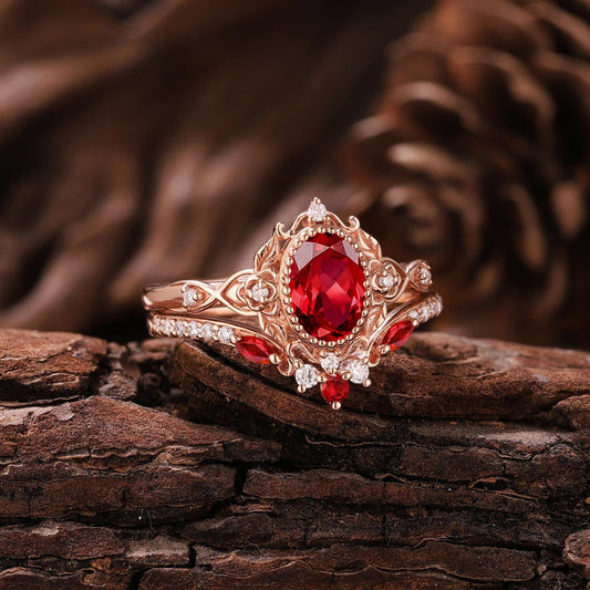 Vintage Ruby Engagement Ring Set Unique Rose Gold Oval Wedding Rings for Women Floral Ring Cluster Diamond Ring Anniversary Gift For Her - anerjuly