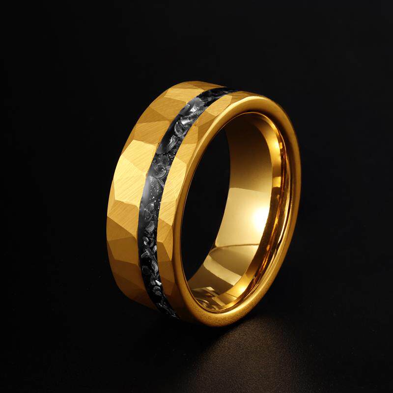 8mm Hammered Gold Tungsten Ring with Crushed Black Nebula Inlay