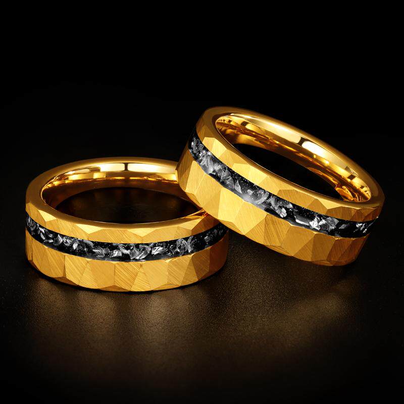 8mm Hammered Gold Tungsten Ring with Crushed Black Nebula Inlay
