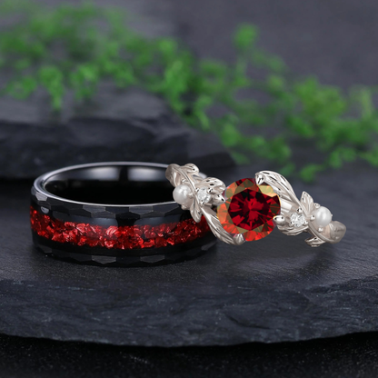 Round cut natural Red Garnet Couple Rings Tungsten matching rings for couples