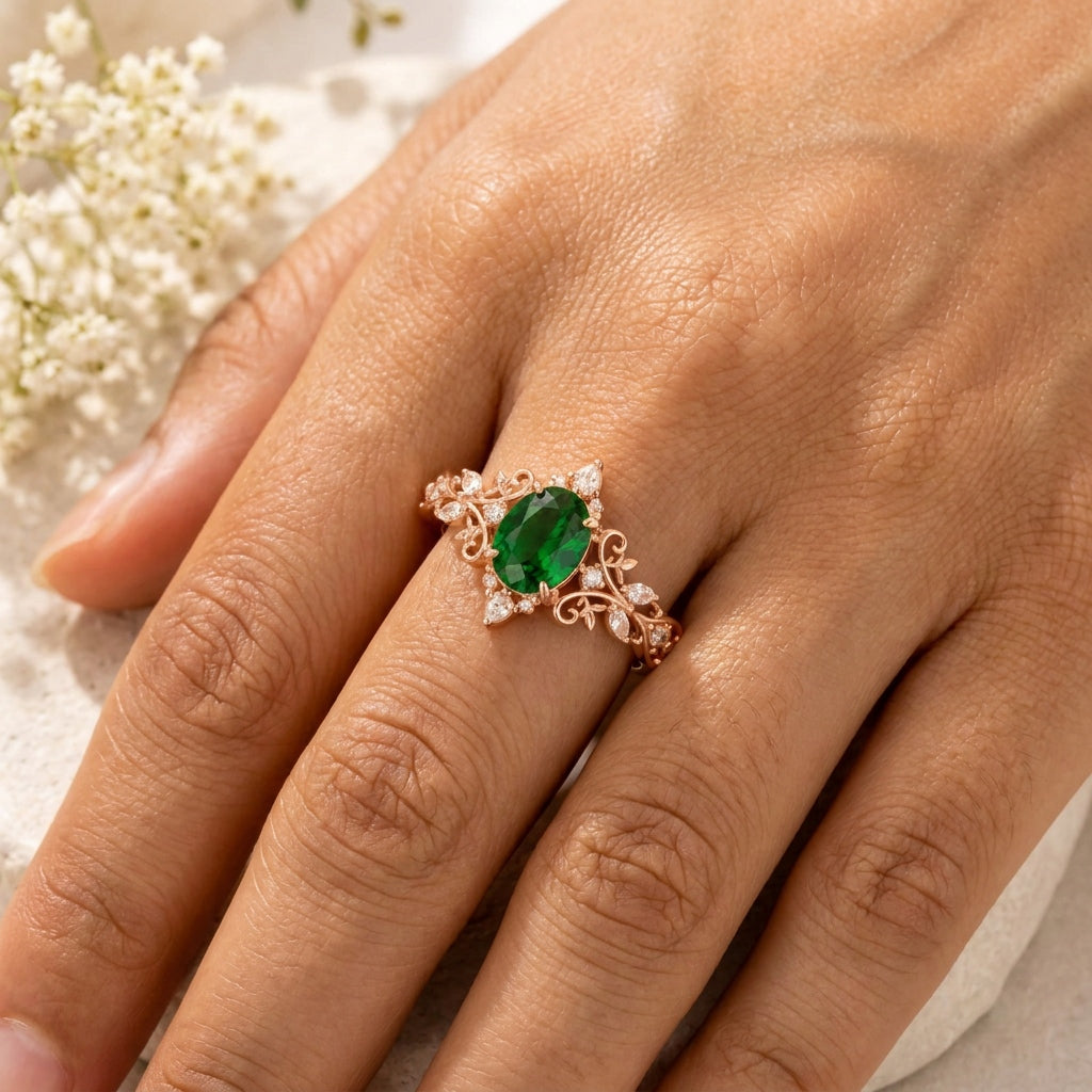 Oval Green Emerald Vine Ring
