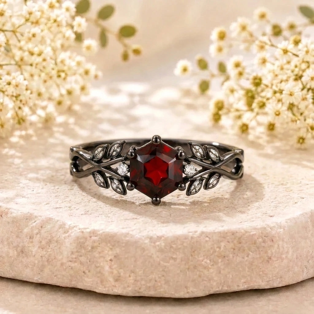 Hexagon Natural Garnet Leaf Engagement Ring Nature Inspired Women's Ring