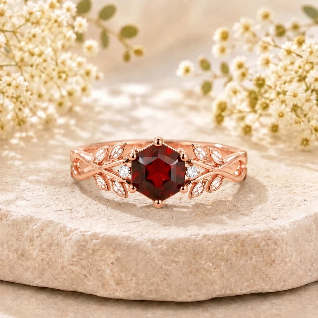 Hexagon Natural Garnet Leaf Engagement Ring Nature Inspired Women's Ring