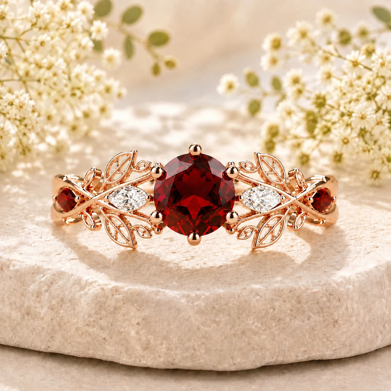 Round Natural Garnet Leaf Engagement Ring Nature Inspired Women's Ring