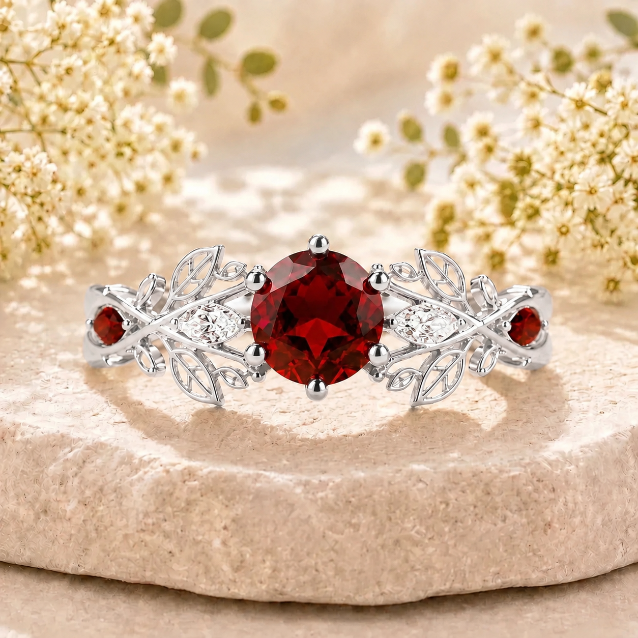 Round Natural Garnet Leaf Engagement Ring Nature Inspired Women's Ring