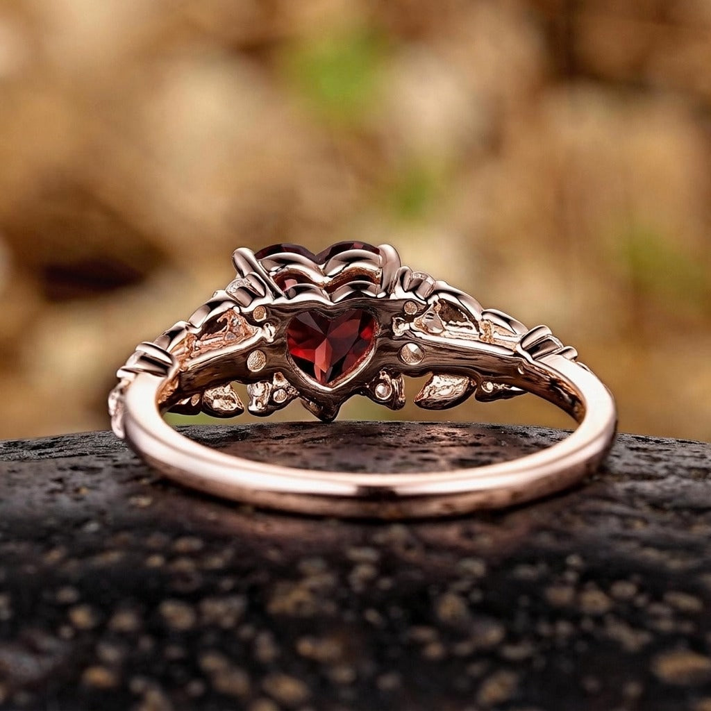 Vintage Red Garnet Heart Vine Ring