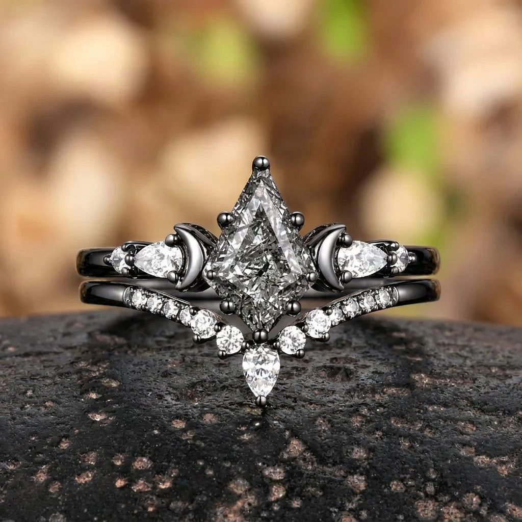 Vintage Kite Cut Natural Rutilated Quartz Engagement Ring Set Black Bridal Ring Set