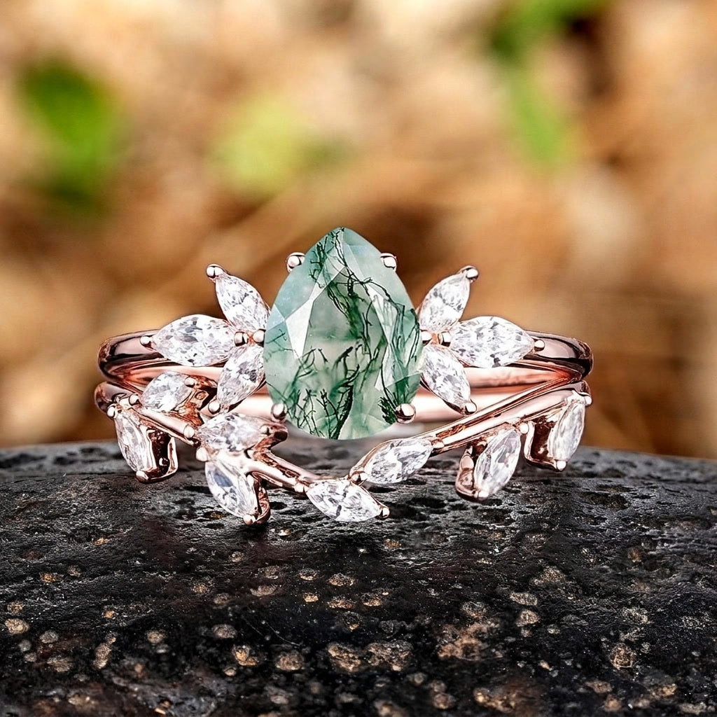 Pear shaped Nature Sterling Silver Moss Agate Ring Set Engagement Ring