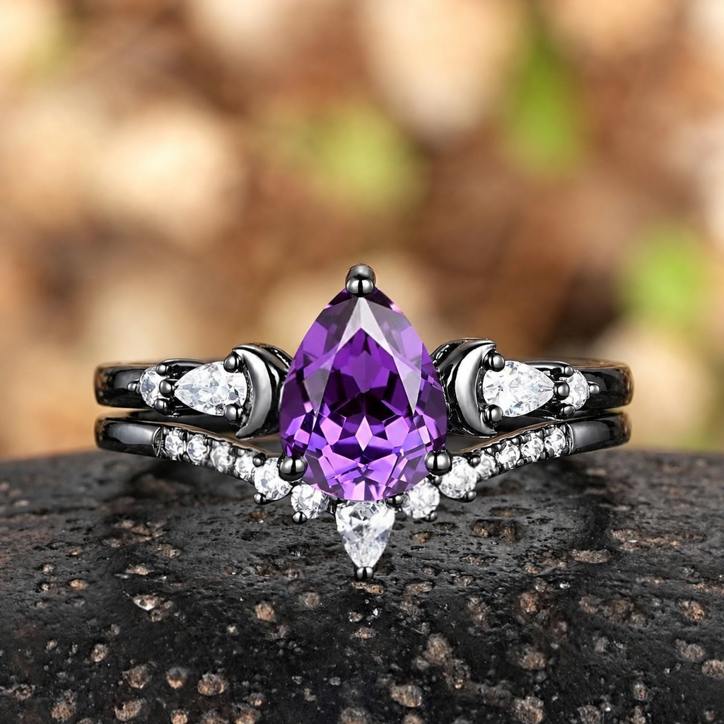Pear Cut Amethyst Engagement Ring Crescent Moon Bridal Set Promise Ring For Women