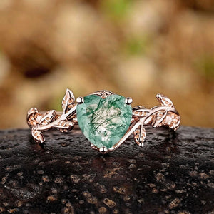 Nature Inspired Heart Cut Green Moss Agate Engagement Ring