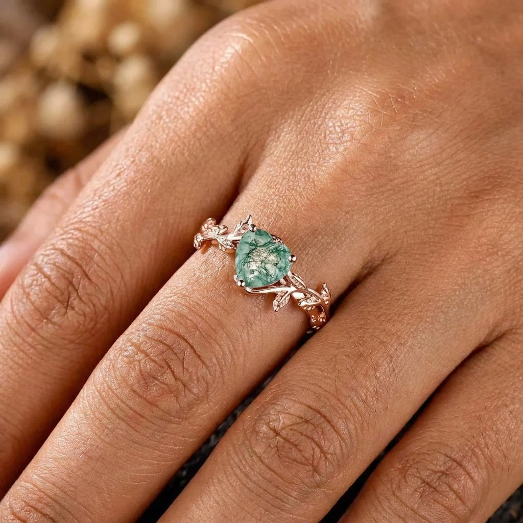 Nature Inspired Heart Cut Green Moss Agate Engagement Ring