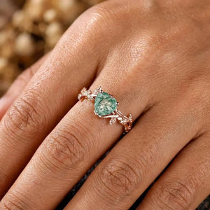 Nature Inspired Heart Cut Green Moss Agate Engagement Ring