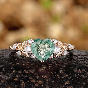 Vintage Leaf Cluster Heart Cut Green Moss Agate Engagement Ring