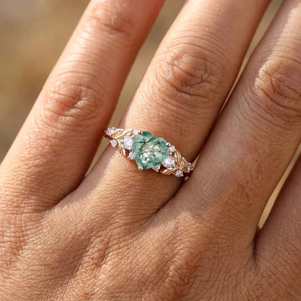 Vintage Leaf Cluster Heart Cut Green Moss Agate Engagement Ring