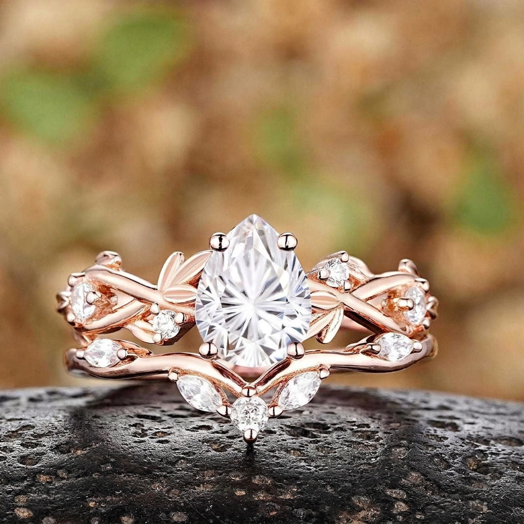 Leaf & Vine Pear Cut White Moissanite Engagement Ring Set