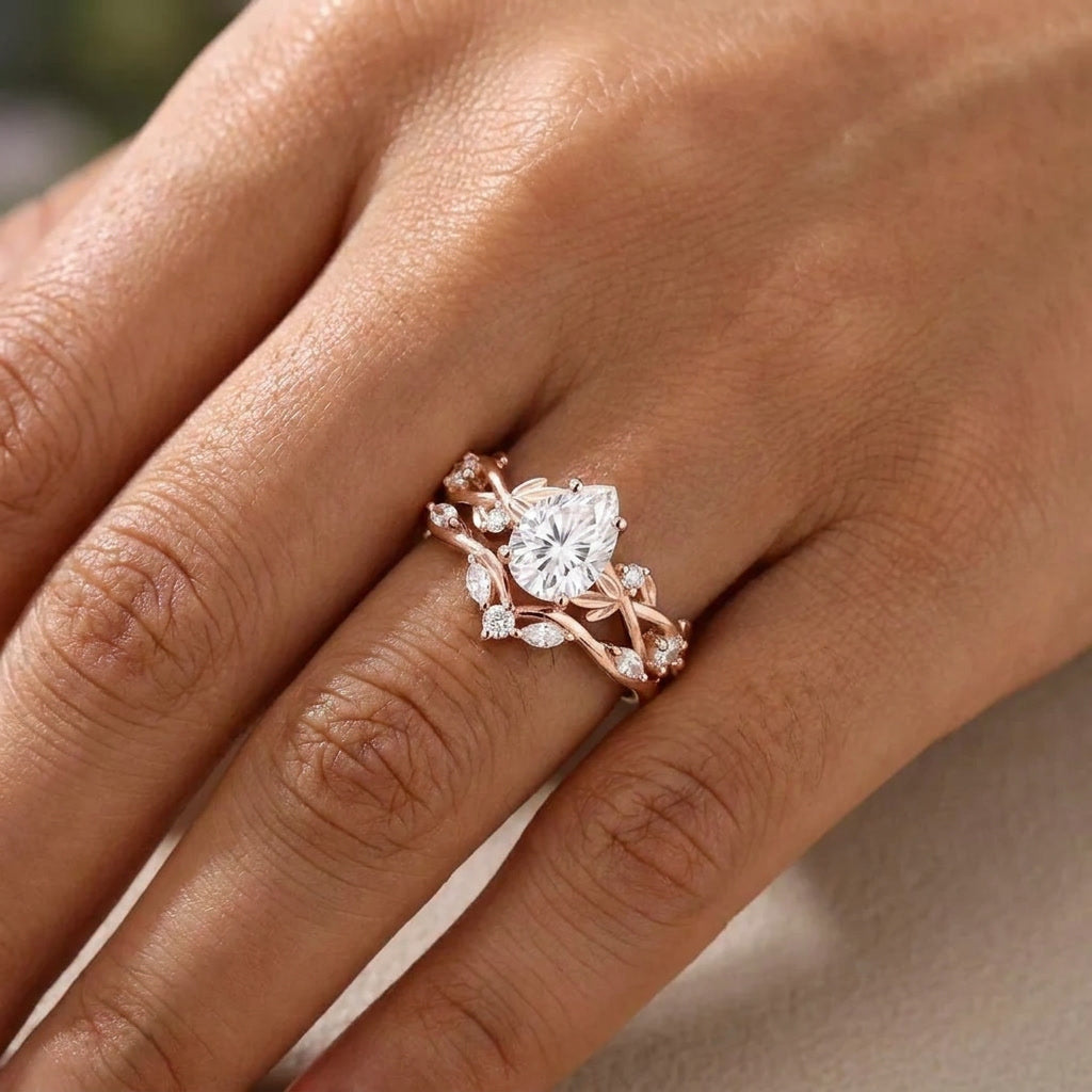 Leaf & Vine Pear Cut White Moissanite Engagement Ring Set