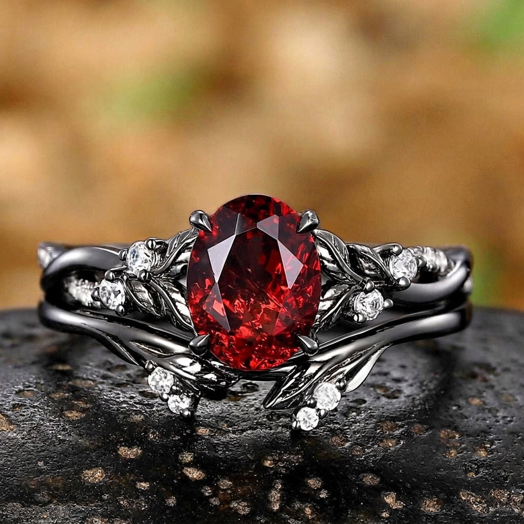 Gothic Black Gold Leaf Oval Red Garnet Engagement Ring Set