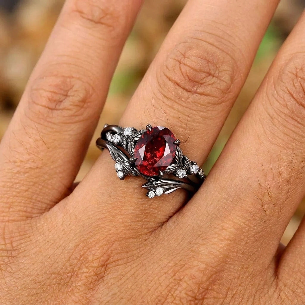 Gothic Black Gold Leaf Oval Red Garnet Engagement Ring Set