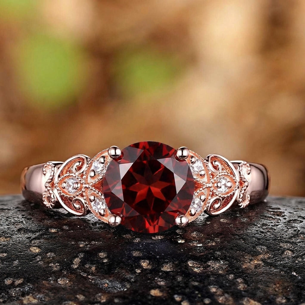 Vintage Filigree Round Red Garnet Engagement Ring