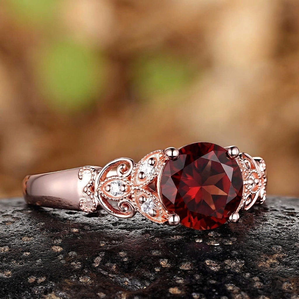 Vintage Filigree Round Red Garnet Engagement Ring