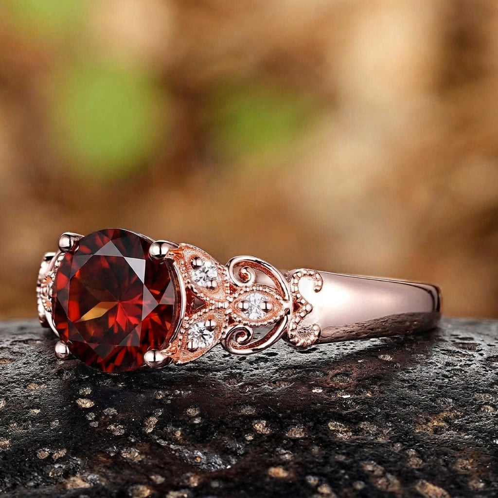 Vintage Filigree Round Red Garnet Engagement Ring