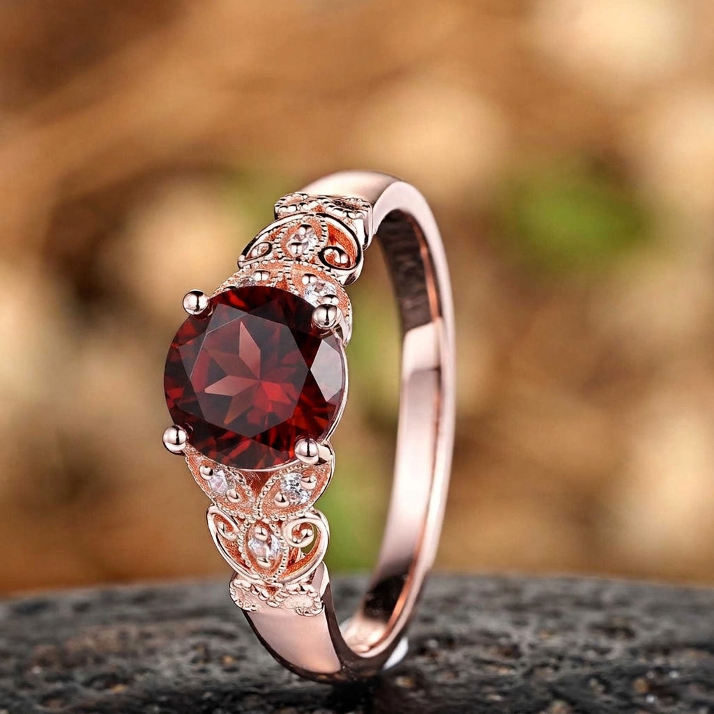 Vintage Filigree Round Red Garnet Engagement Ring