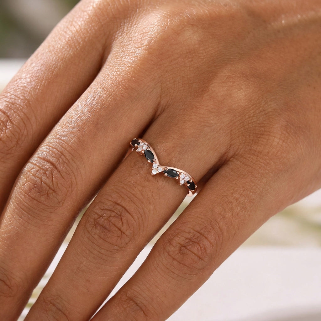 Gothic Black Onyx Marquise Curved Wedding Band