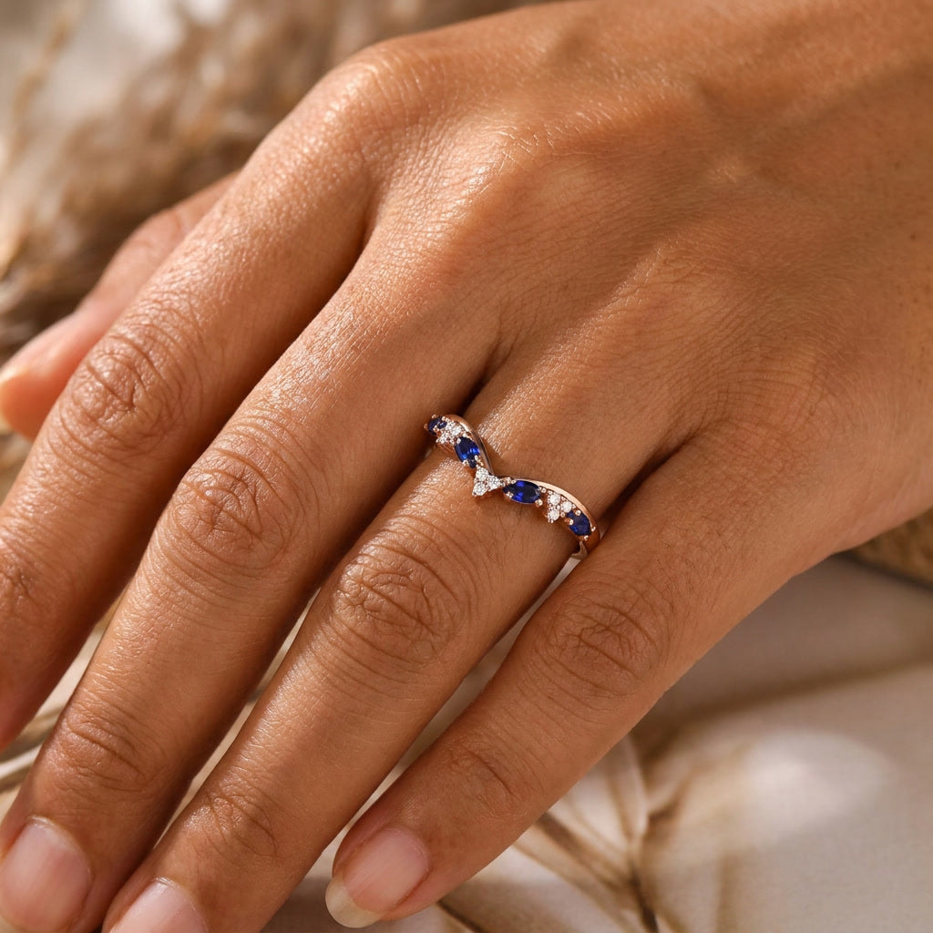 Vintage Marquise Blue Sapphire Curved Wedding Band