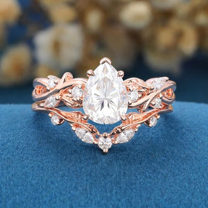 Nature Inspired Pear Cut White Moissanite Engagement Ring Set