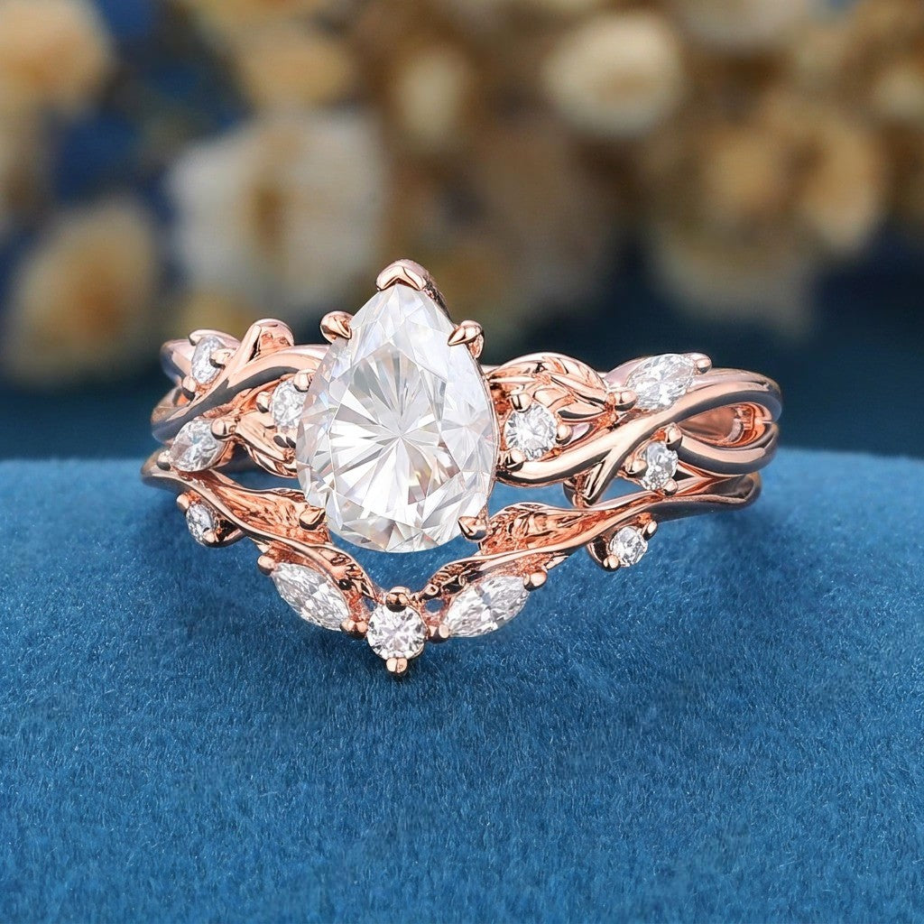 Nature Inspired Pear Cut White Moissanite Engagement Ring Set