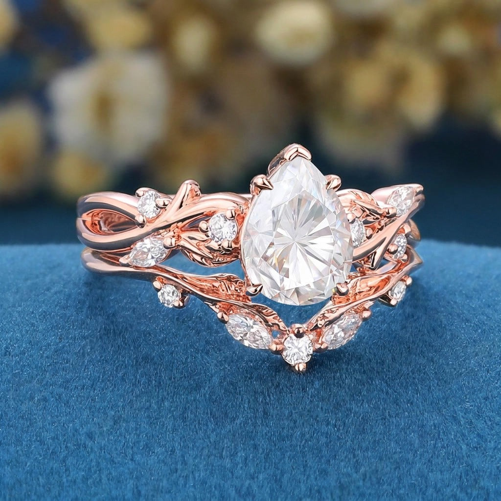 Nature Inspired Pear Cut White Moissanite Engagement Ring Set