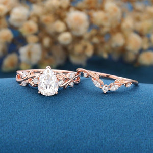 Nature Inspired Pear Cut White Moissanite Engagement Ring Set