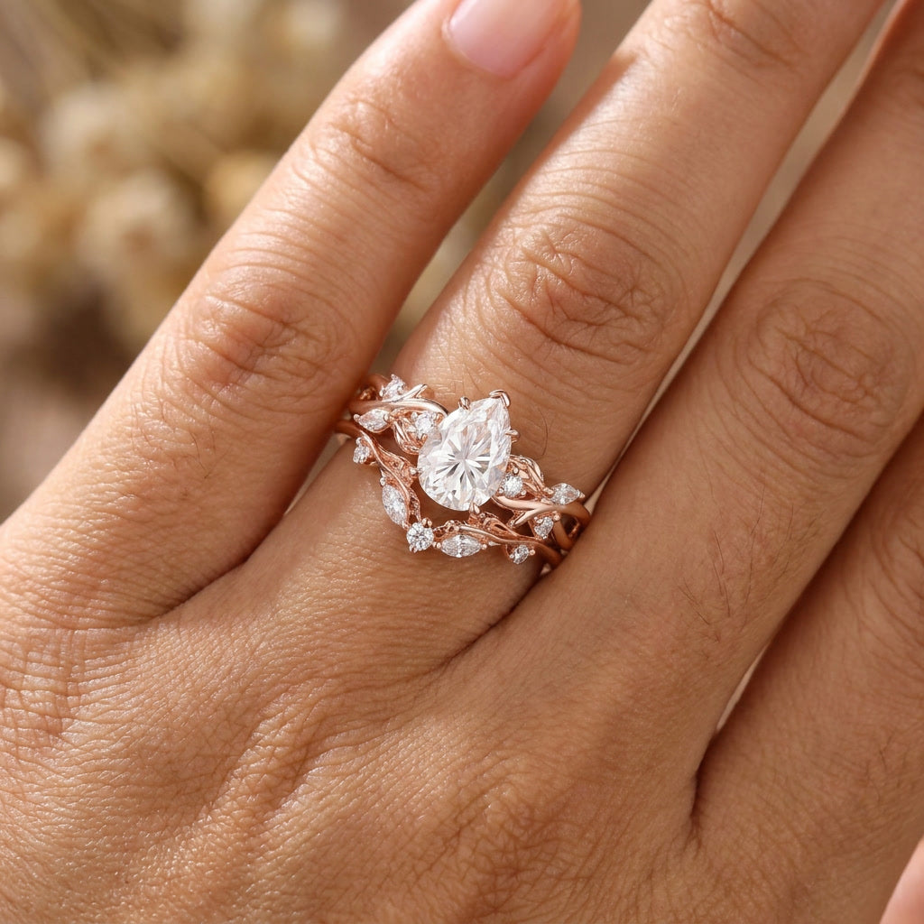 Nature Inspired Pear Cut White Moissanite Engagement Ring Set