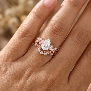 Nature Inspired Pear Cut White Moissanite Engagement Ring Set