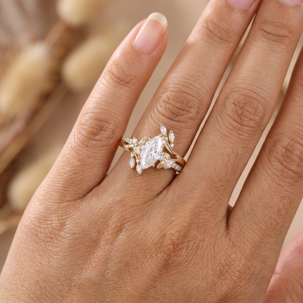 Art Deco Marquise Cut White Moissanite Engagement Ring Set