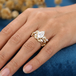 Vintage Twisted Vine Pear Cut White Moissanite Engagement Ring Set