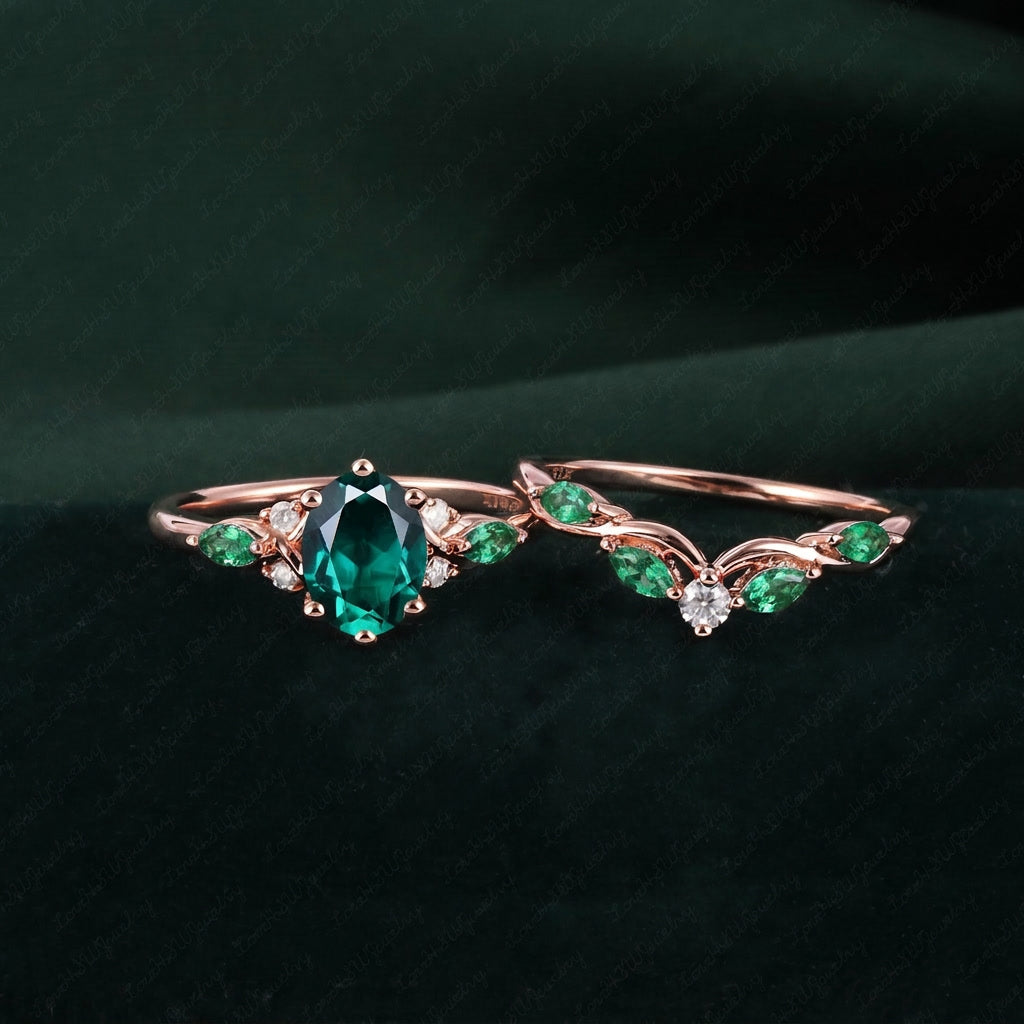 Vintage Leaf Oval Emerald Engagement Ring Set