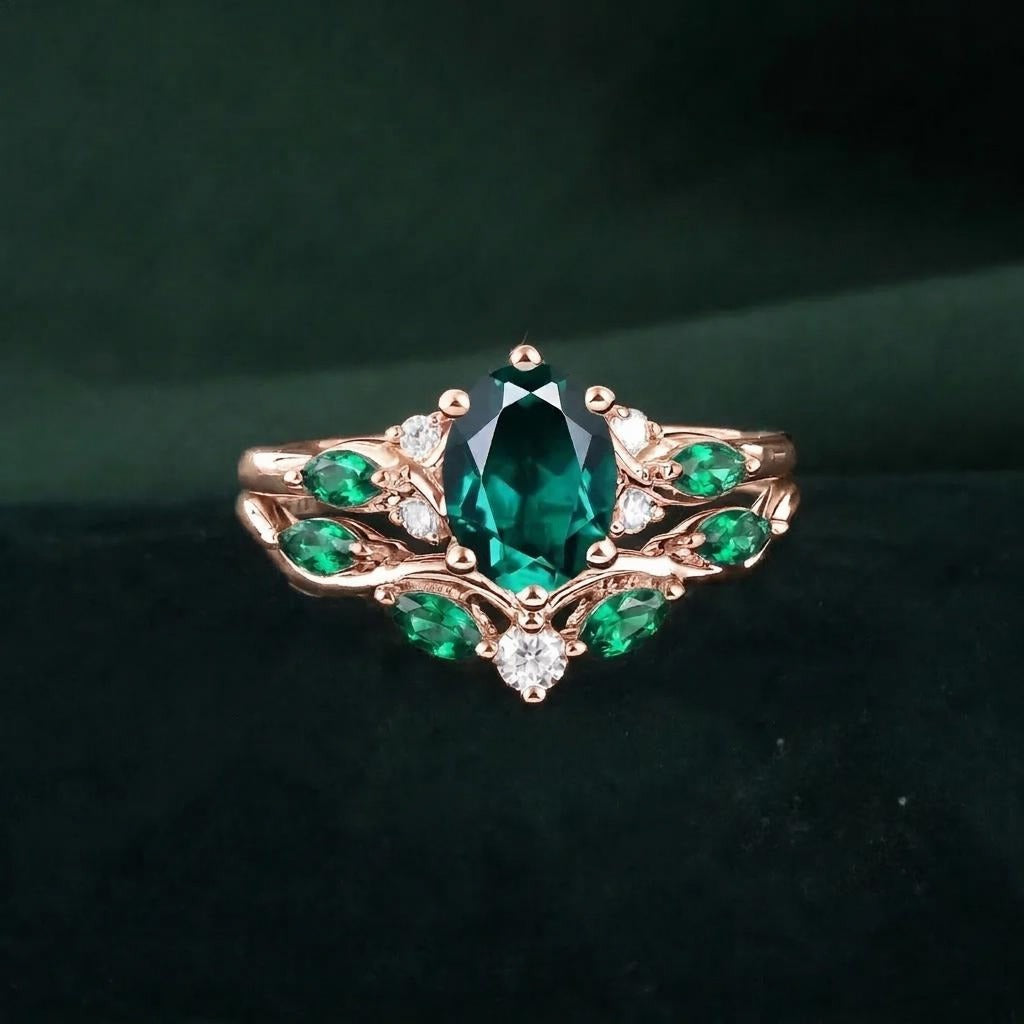 Vintage Leaf Oval Emerald Engagement Ring Set