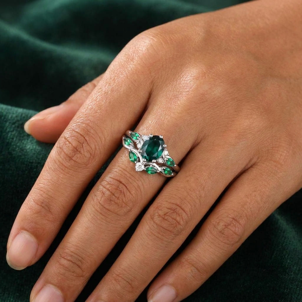 Vintage Leaf Oval Emerald Engagement Ring Set