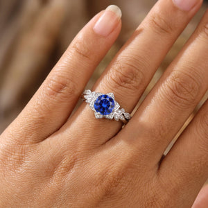 Floral Cluster Round Blue Sapphire Engagement Ring Set