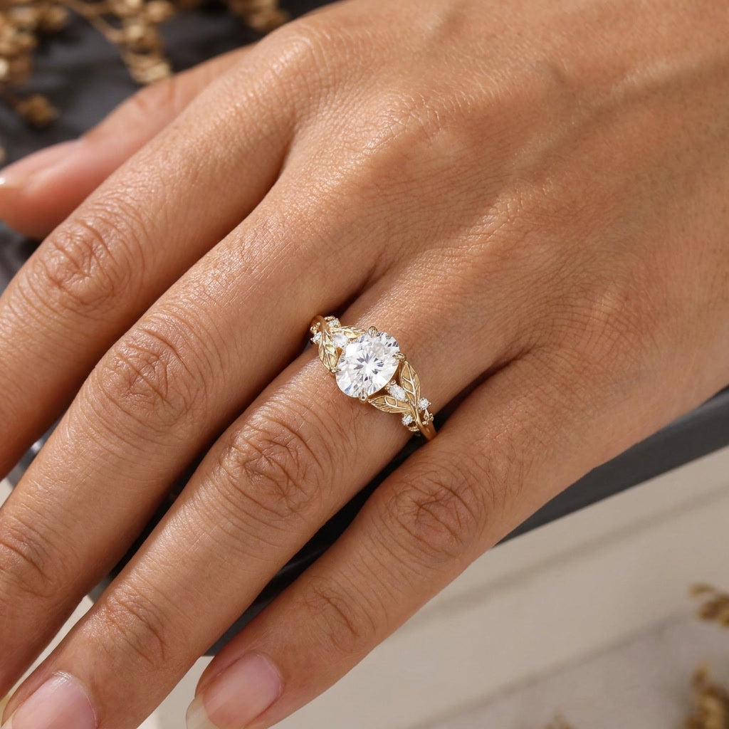 Leaf & Vine Oval White Moissanite Engagement Ring