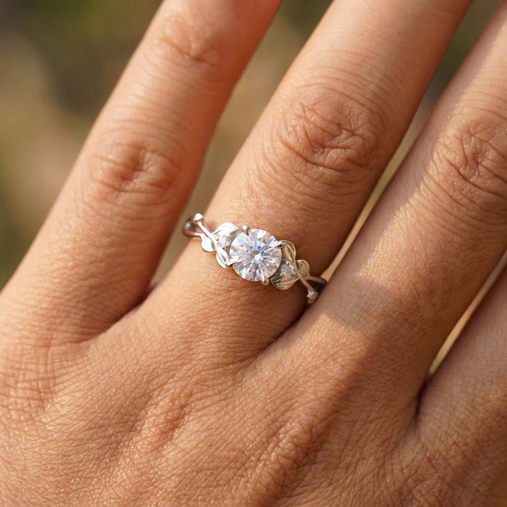 Leaf & Vine Round White Moissanite Engagement Ring