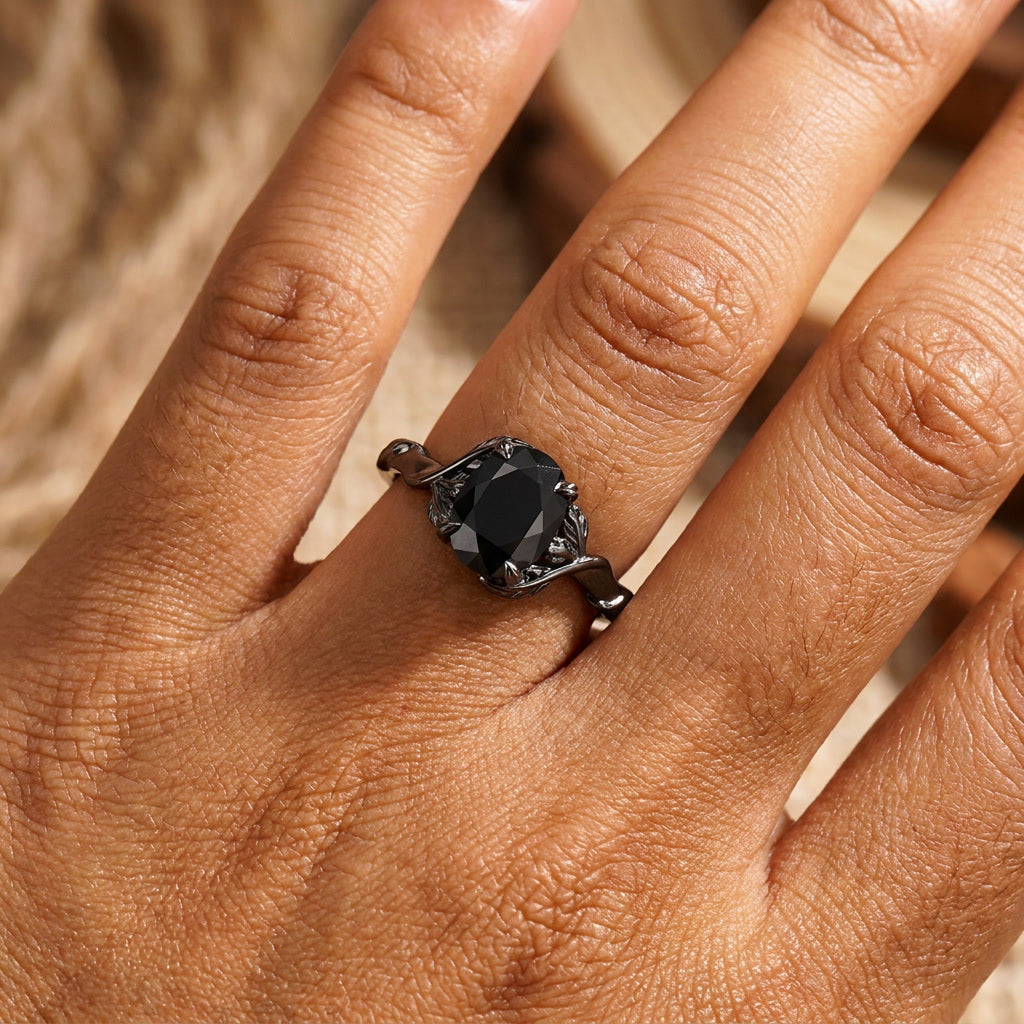 Leaf & Vine Oval Black Onyx Engagement Ring