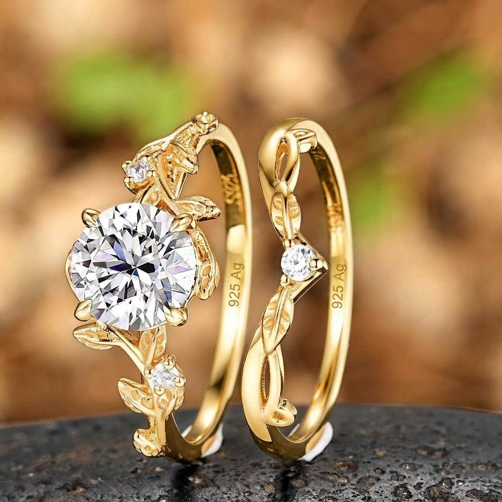 Leaf & Vine White Moissanite and Hammered Gold Tungsten Couple Ring Set with Gold Foil Inlay - Image 2