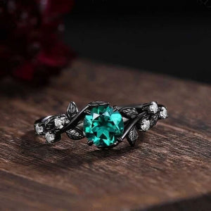 Gothic Black Gold Leaf Round Green Emerald Engagement Ring